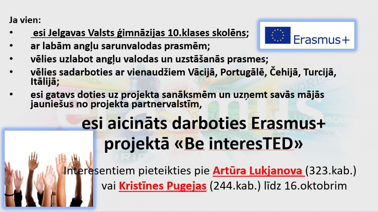 Aicinājums darboties Erasmus+ projektā "Be interesTED"