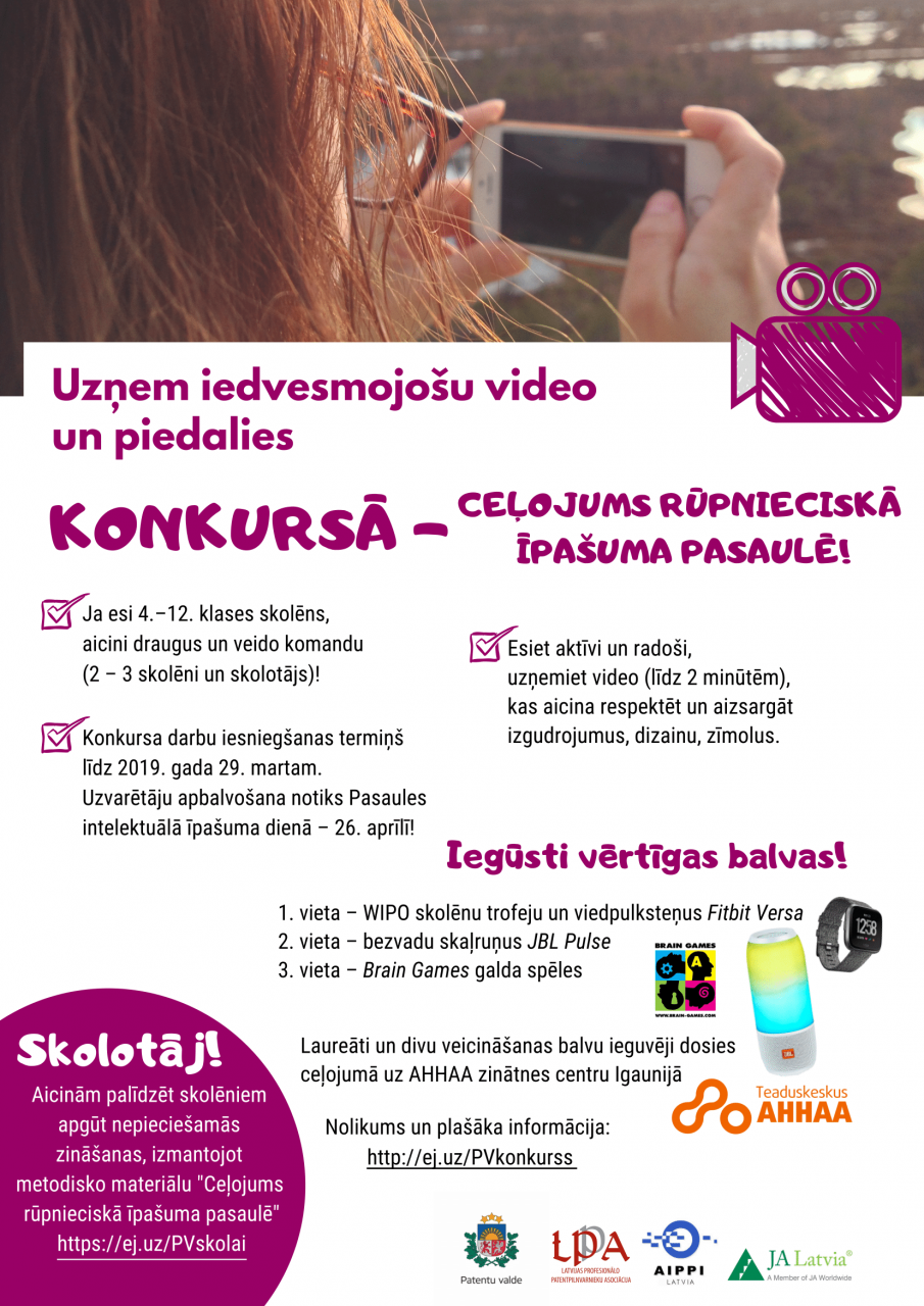 Konkursa plakāts Patentu valde aicina skolēnus piedalīties video konkursā un iegūt vērtības balvas