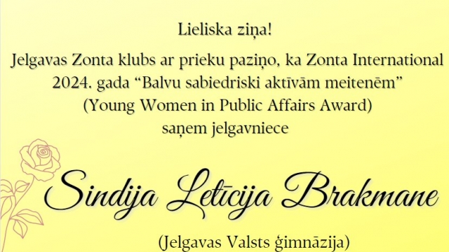Zonta International gada balvu saņem Sindija Letīcija Brakmane